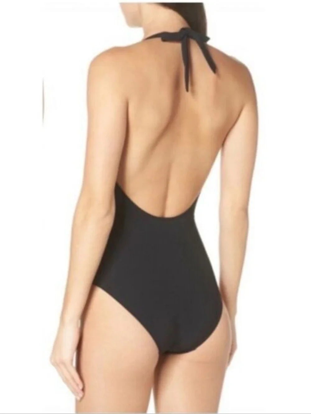 Tory Burch Solid Black Front Tie Halter One-Piece Plunge Swimsuit